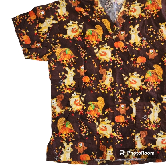 Womens Peaches Scrub Top Size XS Fall Halloween Thanksgiving - Picture 4 of 8